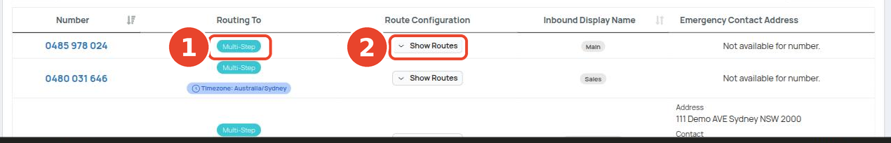 Numbers list with Routing To and Show Routes