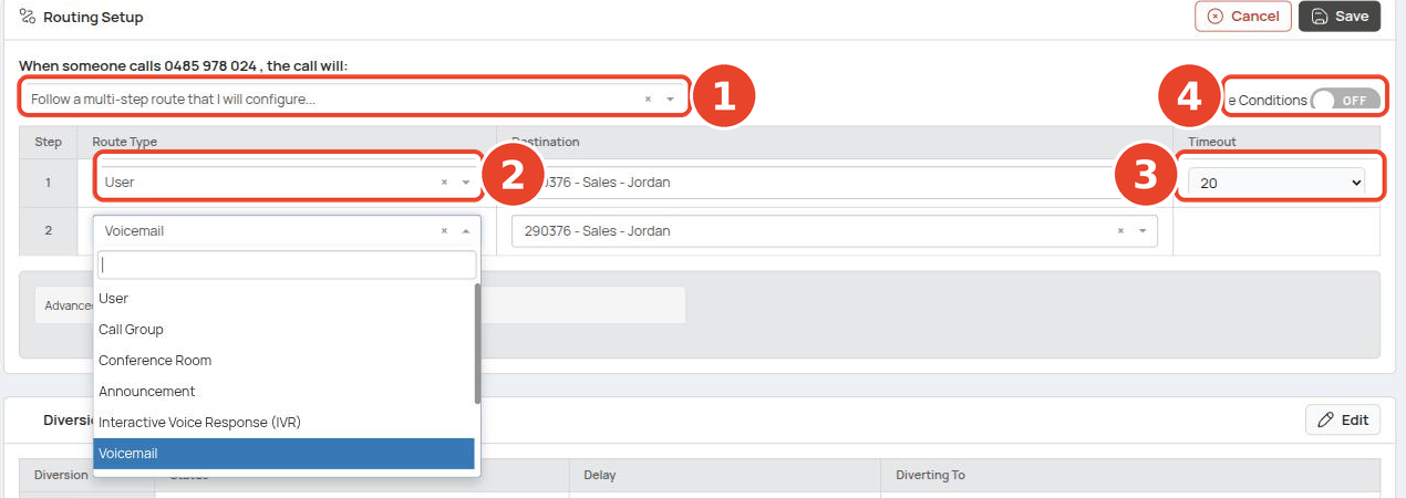 Route editor: mode dropdown, route type and timeout