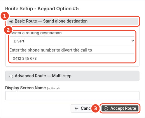 Route Setup overlay: Basic Route, Divert with phone number, Accept Route