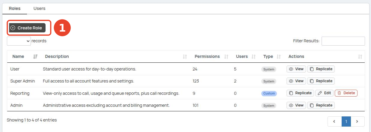 Roles tab with the Create Role button and roles table