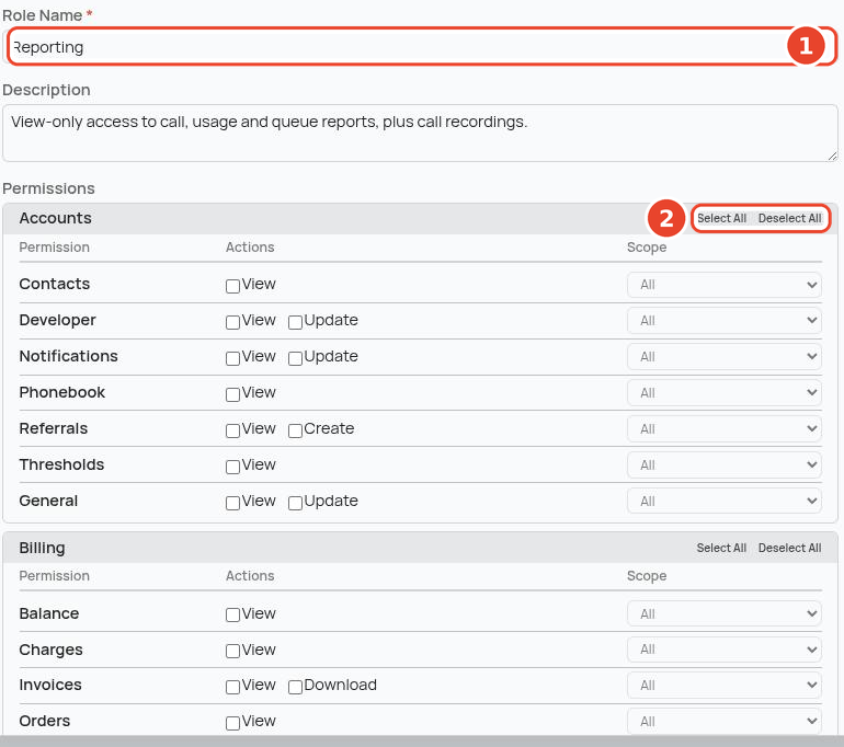 Create Role form with the Role Name field and permission matrix