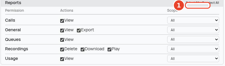 Reports permission group with all options selected